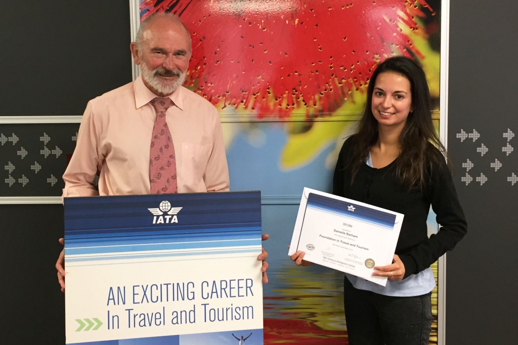 ITC tutor Steve Burke and high achiever Danielle Barham with her IATA certificate 